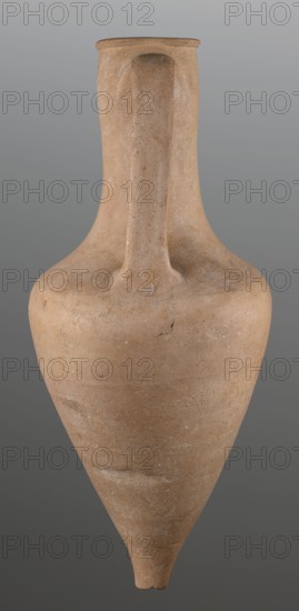 Stamped transport amphora with a Greek inscription Argeio, stamped maker's or official's name. Transport amphora with pointed bottom and conical belly, rounded at sloping shoulders, merging into a cylindrical long neck slightly bulging under the annular rim. Neck stamped with letters arranged in two rows; a rectangular stamp with deeply recessed letters is impressed on the upper part of the neck. Ribbon-like handles protrude from the shoulders, run straight up and bend in an arc where they join the neck under the spout. Eponymous-manufacturer's stamps; stamp impressions indicate maker or official. Greek pottery, transport vessel, ancient pottery. Circa 400–390 BC. From Heraclea Pontica Bithynia; found at Olbia. Vessel type: transport amphora. Weight 6.326 kg; height 63 cm; diameter 26.5 cm., A single tall ceramic vessel with a narrow neck and pointed base fills the frame, showing a smooth, rounded shoulder that tapers down to a conical point; the surface appears slightly rough with sma...