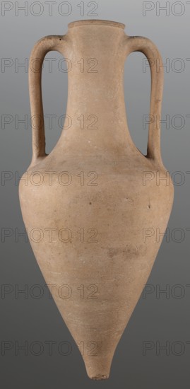 Stamped transport amphora with a Greek inscription Argeio — transport amphora with a pointed bottom and a conical belly, rounded at the sloping shoulders, merging into a cylindrical long neck slightly bulging under the annular rim. The neck is stamped; the letters are arranged in two rows. Ribbon-like handles protrude from the shoulders and run straight up, bending in an arc where they join the neck under the spout. A rectangular stamp is impressed on the upper part of the neck with deeply recessed letters arranged in two rows; the stamp refers to the maker or to an official. Eponymous-manufacturer's stamps; stamp impressions; trade/transport vessel; Greek/ancient pottery. Dated 400–390 BC. From Heraclea Pontica Bithynia; found at Olbia. Transport amphora; weight 6.326 kg; height 63 cm; diameter 26.5 cm., A tall clay vessel with a narrow pointed base and a rounded body that tapers upward to a long neck, featuring a pair of curved handles attached from the shoulder to the upper neck; th...