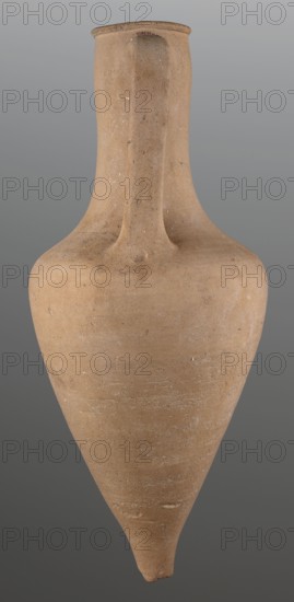 Stamped transport amphora with a Greek inscription Argeio — transport amphora with a pointed bottom and a conical belly, rounded at the sloping shoulders, merging into a cylindrical long neck slightly bulging under the annular rim. The neck is stamped; letters arranged in two rows reading Argeio. Ribbon-like handles protrude from the shoulders and run straight up, bending in an arc where they join the neck under the spout. A rectangular stamp with deeply recessed letters in two rows is impressed on the upper part of the neck; the stamp likely refers to the maker or an official. Eponymous-manufacturer's stamps; trade/transport vessel; Greek pottery, ancient pottery, stamps. Dated 400–390 BC. Origin: Heraclea Pontica Bithynia; found in Olbia. Vessel type: transport amphora. Weight 6.326 kg; height 63 cm; diameter 26.5 cm., A tall, narrow vessel with a tapered pointed base and a rounded shoulder, made of a coarse, sandy material in shades of light brown and tan, with subtle darker brown s...