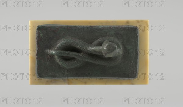 Snake sarcophagus, snakes, Atum mythology, Renenutet mythology, reliquaries, sacred animals, Scen.Gal.Eg., Snake with raised head, coils on a rectangular reliquary-sarcophagus. This is probably the cobra Renenutet, although it may also be Atum. 664–332 BC; Late Period, Egypt. Figurine; height 3.3 cm, width 5.5 cm, depth 5 cm., A rectangular dark green object with a textured surface sits centered on a rectangular pale yellow base; the dark object has an irregular raised form on top that loops and tapers, with a rounded thicker end and a thinner elongated section, showing worn and rough texture. The pale yellow base shows subtle mottling and darker yellow-brown veining. The background is a smooth light gray. Colors visible include dark green, pale yellow, yellow-brown, and light gray.