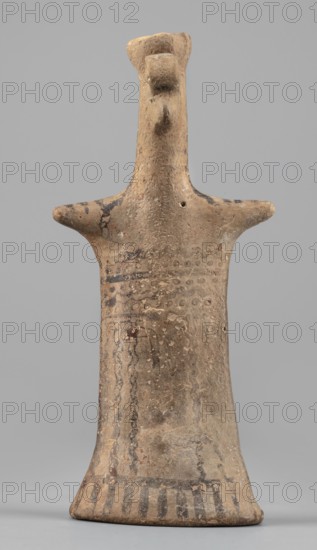 Idol, Female figurine, modeled flat, widens towards the bottom creating an oval base, concave underneath. Shoulders marked with horizontal projections like keels merge into a narrow, long cylindrical neck forming one piece with the head. Head covered with a polos; a small curled volute touches the polos and beneath it a projection like a bird's beak stylizes the face. The volute and projection are glued on. Linear decoration in black paint. Strands of hair indicated by a wavy line: three down the back, two over the shoulders. Traces of transverse lines on the volute. Three lines on each shoulder. The bust bears a linear ornament of two wavy lines, two straight lines, and three dotted lines alternating. From the waist, three longitudinal wavy lines run down both sides; between them two faint straight longitudinal lines curve toward the side. At the widening base a transverse line with radiating lines emphasizes the oval shape. The back is undecorated. Faint traces of brown paint. 6th ce...