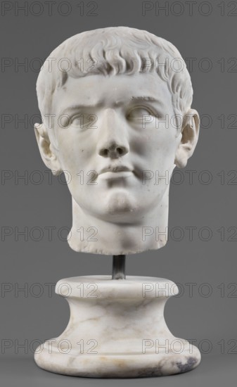 Portrait of Drusus the Younger, unknown Roman workshop, male portraits, Roman sculpture, male heads, sketches of male heads, 23–37, Castra Praetoria, Rome, sculpture; height 27 cm, width 20 cm, depth 23 cm, weight 19.5 kg, A carved pale stone head mounted on a pale stone pedestal is shown against a neutral gray background; the head displays short textured hair, defined ears, a straight nose, and a closed mouth with subtle facial contours and smooth surfaces, with a few small pits and discolorations visible on the stone; the pedestal and head are predominantly off-white with light beige and faint gray veining, and the background is medium gray.
