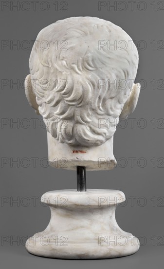 Portrait of Drusus the Younger, unknown Roman workshop, male portrait, Roman sculpture — male head; sketches of male heads; dated 23–37; place of origin: Castra Praetoria, Rome; material: sculpture; height 27 cm, width 20 cm, depth 23 cm, weight 19.5 kg., A rear view of a marble bust mounted on a round pedestal, showing the back of a head with carved wavy hair and visible ears, all in shades of white and off-white with subtle gray and beige veining, set against a flat gray background.