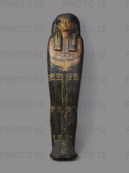 Lid of an anthropoid sarcophagus of a woman, sacrificial formulas, vulture iconographic, necklace iconographic, black type, wigs, hieroglyphs. Lid of an anthropoid sarcophagus of a woman with clearly modeled legs. The head is sculpturally modeled — very carefully. The face is triangular with a strong, flat, strongly forward chin. Large, almond-shaped eyes are plastically developed. The nose is straight, the mouth is small with fleshy lips, clearly highlighted. The wig is schematically designed. On the chest is a richly polychromed nine-row necklace. Below is a representation of a pectoral cross in the form of a winged vulture. The offering formula running through the center and on the sides divides the surface of the lid into six undecorated fields. c. 1400–c. 1295 BC; New Kingdom, late 18th Dynasty; Deir el-Medina grave 1352, western necropolis; sarcophagus; height 193 cm, width 53 cm., A carved anthropoid figure with a rounded head and stylized hair sits upright against a plain backg...