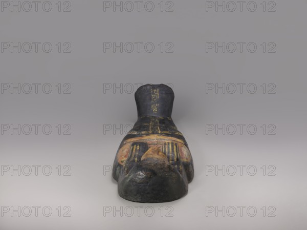 Lid of an anthropoid sarcophagus of a woman with clearly modeled legs. The head is sculpturally modeled—very carefully. The face is triangular with a strong, flat, strongly forward chin. Large, almond-shaped eyes are plastically developed. The nose is straight, the mouth is small with fleshy lips, clearly highlighted. The wig is schematically designed. On the chest is a richly polychromed nine-row necklace. Below is a representation of a pectoral cross in the form of a winged vulture. The offering formula running through the center and on the sides divides the surface of the lid into six undecorated fields. Sacrificial formulas, vulture iconography, necklace iconography, black type, wigs, hieroglyphs. c. 1400–c. 1295 BC; New Kingdom, late 18th Dynasty. Deir el-Medina grave 1352, western necropolis. Sarcophagus lid; height 193 cm, width 53 cm., A painted sculptural object resembling a reclining human figure with a stylized face and crossed hands, shown from a head-on perspective. The su...