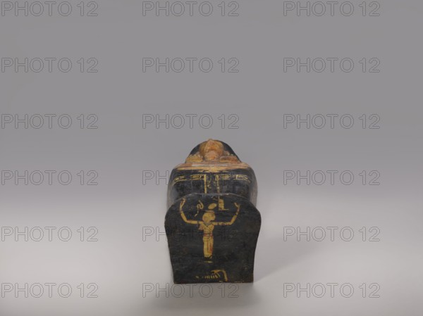 Lid of an anthropoid sarcophagus of a woman with clearly modeled legs. The head is sculpturally modeled—very carefully. The face is triangular with a strong, flat, strongly forward chin. Large, almond-shaped eyes are plastically developed. The nose is straight, the mouth is small with fleshy lips, clearly highlighted. The wig is schematically designed. On the chest is a richly polychromed nine-row necklace. Below is a representation of a pectoral cross in the form of a winged vulture. The offering formula running through the center and on the sides divides the surface of the lid into six undecorated fields. Sacrificial formulas; vulture and necklace iconography; black type; wigs; hieroglyphs. c. 1400–c. 1295 BC; New Kingdom, late 18th Dynasty, Deir el-Medina grave 1352, western necropolis. Sarcophagus; height 193 cm, width 53 cm., A small, elongated object resembling a coffin or sarcophagus sits centered on a smooth, neutral surface with a soft gradient background. The object is predom...