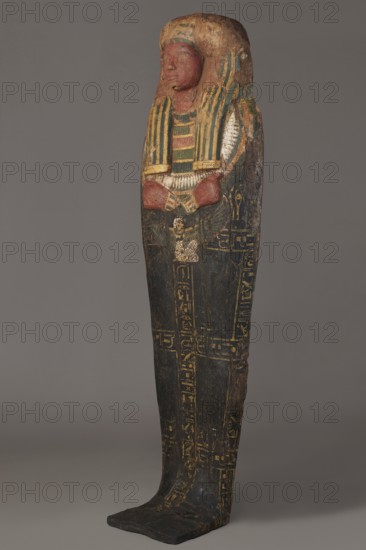 Lid of the sarcophagus of a man named Setau, Setau ca. 1479–1295 BC. Sacrificial formulas, Nut mythology, necklace iconographic, hieroglyphs, bracelet iconographic. A vertical band of inscription runs through the center — the sacrificial formula. Two columns of text along the edge of the lid and three columns of inscription running across the lid divide the surface into six fields. The legs are clearly defined, the arms are modeled, the hands are clenched. On the chest is a richly polychrome seven-row necklace. Below the hand is a depiction of the winged goddess Nut. The head is sculpturally detailed. The face is painted red, with large, almond-shaped eyes set slightly obliquely; eyeballs, pupils and eyebrows are highlighted with black paint. The nose is straight and strongly flattened; the mouth is small with wide, full lips. The wig is schematically decorated with yellow stripes. Setau also once had a thin, curved beard visible in a pre-war photo. c. 1479–c. 1295 BC; New Kingdom, lat...