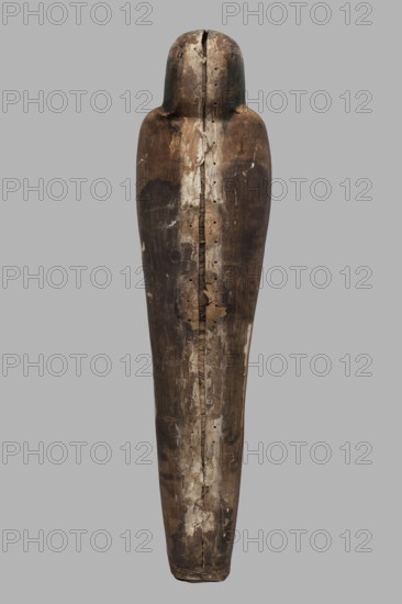 Mummy of Panepi in a cartonnage, doorkeeper of the temple of Amun Panepi, Panepi ca. 945–715 BC. Richly decorated cartonnage. The deceased's wig and mask are sculpturally detailed. On the chest is a necklace with a plant and geometric ornament. Below is a centrally located i3-w fetish mounted on a djed sign, behind which an inscription begins. On the sides of the fetish are winged goddesses Isis and Nephthys and the Horuses of Edfu. At the base of the fetish are depictions of Upuaut. Above the fetish is a ram-headed bird with outstretched wings Amun-Ra and Wadjet cobra, Osiris, three Sons of Horus. The deceased's hands are not modeled. c. 825–715 BC; Third Intermediate Period, late 22nd–23rd Dynasty. Western Thebes. Sarcophagus/mummy cartonnage. Height 170 cm; width 40 cm; depth 29 cm; weight 37.5 kg., A tall, elongated wooden object with a rounded top and tapered bottom standing upright against a plain gray background; the wood shows a central vertical split with rough, cracked edges ...