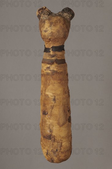 Cat mummy decorated with a meander made of white and brown bandages. Cat mummy, linen fabrics; cats; meander ornament. Roman period, 30 BC–395 AD, Egypt. Mummy; height 27.3 cm, width 6.5 cm, depth 6 cm., A long, narrow wrapped object with a rounded top that has two small protrusions resembling ears, covered in layered cloth showing worn, frayed, and patched areas; the wrapping displays a textured weave with irregular darker patches and strips around the upper section, and the visible colors include shades of brown, tan, beige, black, and hints of dark gray, all set against a plain muted gray background.