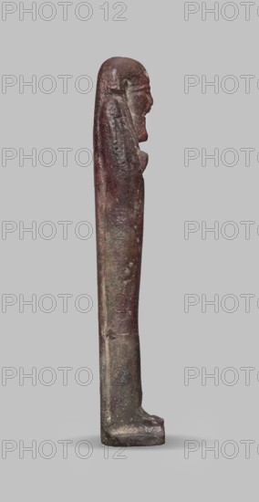 Ushabti, A shabti figurine dressed in a shroud stands on a base. On the head is a smooth wig, falling in two strands on the chest. The false beard is smooth and straight. In his hands, crossed on the chest and protruding from under the shroud, he holds hoes in the shape of the letter A. 664–332 BC; Late Period 27th–30th Dynasty, Egypt. Ushabti; height 11.8 cm, width 2.8 cm., A vertical slender figurine shown in profile against a plain light gray background, with a rounded head and simplified facial features, a long smooth body tapering into a rectangular base with a flat foot. The surface shows a weathered texture with irregular pitting and worn areas. The visible colors include dark reddish-brown, muted brown, grayish-green patina, and some lighter gray highlights. The figure appears solid and stands upright with a continuous silhouette from head to base.