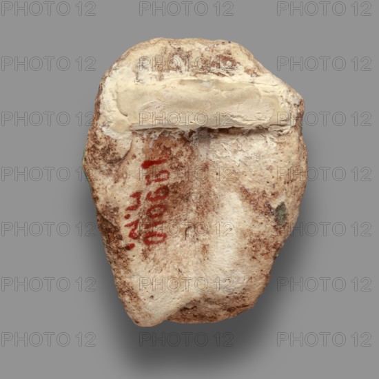 Fragment of a figurine. Oval male face with a protruding chin, small mouth, straight nose, and almond-shaped eyes. Small, protruding ears; forehead receding backward. Unfinished at the back. Ptolemaic Period, 332–30 BC, Egypt. Figurine; height 5.9 cm, width 4.5 cm, depth 2.5 cm., A roughly oval, irregularly shaped object with a textured, rough surface in shades of off-white, beige, tan, and brown, showing patchy discoloration and darker brown speckling; a flattened, smoother ridge of pale cream runs across the upper area; there is a small area of muted green on one side and a few areas of deeper brown staining; the object casts a soft shadow on a plain medium-gray background.