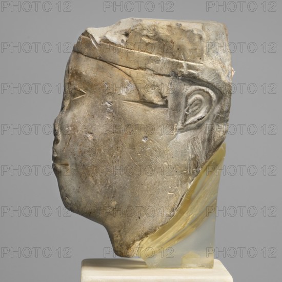 Sculptural model - head of Ptolemy II, Ptolemy II Philadelphus ruler of Egypt; 285–246 BC. Sculpture model, Egyptian sculpture, male head; oval, rather full face; almond-shaped, slightly slanting eyes with upper eyelids marked by a double incision; weakly marked eyebrows sloping slightly downwards toward the temples; wide nose; protruding mouth with recessed corners; ears in the form of two loops; back of the head smoothed, with a base. Ptolemaic period probably reign of Ptolemy II, Egypt. Date: 285–246 BC. Materials: sculpture. Dimensions: height 13.5 cm, width 10.5 cm, depth 9.5 cm; base 19.5 unspecified unit; weight 2.59 kg., A carved stone head fragment shown in profile, mounted on a translucent yellowish support and a pale base, displaying a worn surface with a few chips and scratches; the stone has beige and gray tones with darker spots, and the background is a uniform light gray.