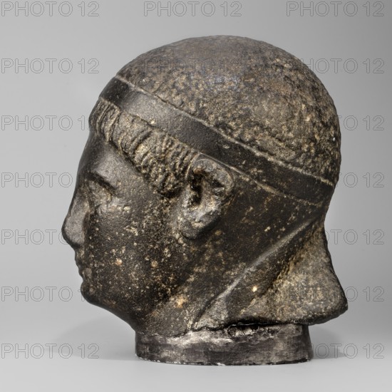 Head of a Ptolemaic prince; diadems; Ptolemy XV Caesarion ruler of Egypt; 47–30 BC probably; Egyptian sculpture, Ptolemaic period end of the reigns of Caesarion and Cleopatra, 20.5, 44–30 BC; sculpture of a man with short hair tied with a headband crossed at the nape of the neck and falling at the ends to the neck. Short, wide strands of hair protrude from under the headband onto the forehead. The face is small, with regular features, a straight nose widening significantly downward, prominent lips, a clearly emphasized chin, large deep-set eyes, prominent eyebrows, small ears close-fitting to the head. The upper fragment of the pilaster is visible at the back, with the head resting on it. Material: Egyptian sculpture. Dimensions: height 19.3 cm, width 13 cm, depth 17 cm; weight 7.532 kg., A close-up view of a sculpted head in profile showing the left side of the face, ear, and back of the head. The surface appears rough and weathered with textured areas across the scalp and face. The h...