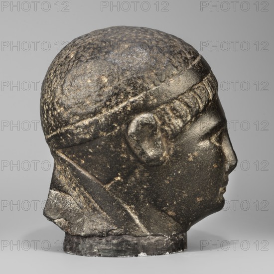 Head of a Ptolemaic prince, Diadems; probable portrait of Ptolemy XV Caesarion ruler of Egypt; 47–30 BC; Ptolemaic period end of the reigns of Caesarion and Cleopatra, Egypt. Egyptian sculpture; sculpture in stone; height 19.3 cm, width 13 cm, depth 17 cm, weight 7.532 kg. Description: head of a man with short hair tied with a headband crossed at the nape of the neck and falling at the ends to the neck. Short, wide strands of hair protrude from under the headband onto the forehead. The face is small with regular features, a straight nose widening significantly downward, prominent lips, a clearly emphasized chin, large deep-set eyes, prominent eyebrows, small ears close-fitting to the head. The upper fragment of the pilaster is visible at the back, with the head resting on it. With underlay 20.5; date circa 44–30 BC., A side view of a sculpted head in dark stone showing a profile with a rounded skull, a defined ear, and a prominent nose and lips; the surface has a textured, pitted appea...