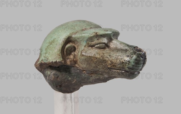Fragment of a baboon figurine - head; head of a baboon with an elongated snout, precisely modelled cheekbones, expressive eyes with a sharply outlined eyelid line and protruding eyebrow arches, a flattened forehead and a slightly convex mane; figurine; height 3 cm, width 6.5 cm; 664–525 BC, Late Period, 26th Dynasty, Egypt., A weathered sculpted head resembling an animal with a rounded cranium and elongated snout sits on a clear support against a plain background; the surface shows a patina of green and turquoise with areas of brown and dark gray where the material is rougher or corroded, an ear-like indentation and a carved eye are visible along with a textured lower portion that is darker and more irregular in shape.