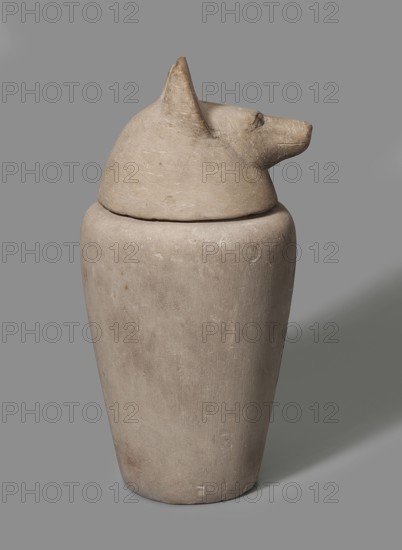 Canopic jar with a jackal's head, canopic jar, jackals, Duamutef mythology. The vessel widens upwards and ends with a slightly rounded rim. The lid is in the shape of a jackal's head. On the front of the vessel is a vertical hieroglyphic inscription, painted in black. The pupils and eyelids are polychrome. The ears are sculpturally detailed. The text refers to Kebehsenuf, so the lid was probably replaced it should be a falcon's head. c. 1069–664 BC; Third Intermediate Period, Egypt. Urn; height 32 cm, width 16 cm., A tall, cylindrical stone vessel with a rounded shoulder and a lid shaped like an animal head is shown against a plain background. The vessel and lid have a textured surface with visible wear and small imperfections. The lid resembles a stylized animal with pointed ears and a snout, and the head sits flush on the vessel opening. The visible colors are shades of beige, tan, light brown, gray, and muted off-white, with subtle variations and darker spots across the surfaces.