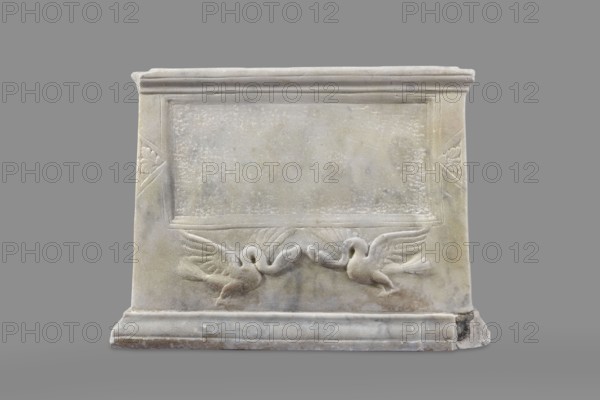 Urn with a depiction of swans, unknown Roman workshop. Sepulchral funerary urn, Roman, dated to the 2nd half of the 1st century AD probably 3rd quarter of the 1st century AD, Roman Empire 27 BC–476, findplace Rome. Weight 45.5 kg. Main plate: The urn's box is trapezoidal, tapering toward the top, placed on a profiled base. The front decoration is sparse; the central surface is occupied by a tabula ansata with palmette-decorated ears. Below the inscription field are two swans in deep relief, facing each other with strongly arched necks and wings outstretched touching the inscription frame. The upper part is crowned by a profiled cornice; on the inner upper edge a rectangular protrusion for securing the lid is visible. Side walls: no decoration. Metal pins visible under the cornice on both sides. Lid: original missing; currently fitted to an altar lid replacement., A rectangular stone slab with a raised border and a central recessed panel, rendered in pale gray and off-white tones with s...