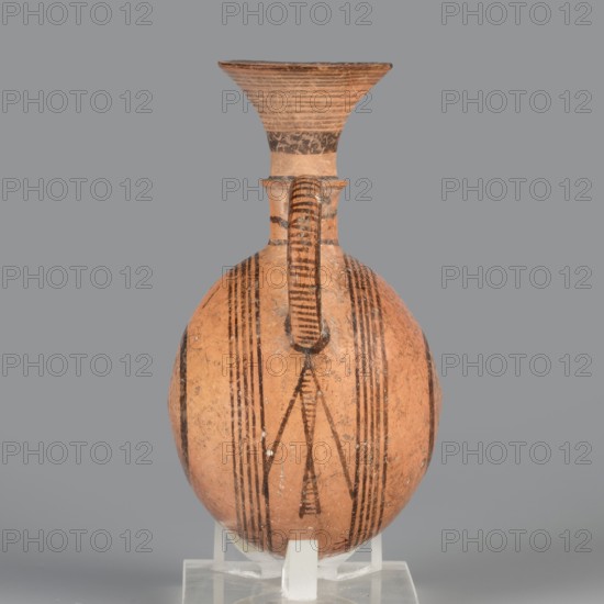 Bottle;, Amphoriskos amphora with a round, slightly flattened flask-like belly. Brown-black decoration of concentric circles of varying thickness on the belly, horizontal lines on the rim, and a fine zigzag. Geometric motifs; circles. Cypriot pottery, 1050–750 BC Cypriot–Geometric Period, Cyprus. Vessel. Height 10.4 cm; width 6.7 cm., An earthenware vessel with a rounded body and a tall flaring neck sits upright on a clear support against a gray background; the vessel is predominantly terracotta orange with dark brown to black painted linear and geometric motifs including vertical stripes and triangular shapes, a single curved handle runs from the neck to the shoulder and is decorated with horizontal dark bands, the neck flares outward with concentric dark lines and a darker band near its base, the surface shows small areas of wear and lighter spots.