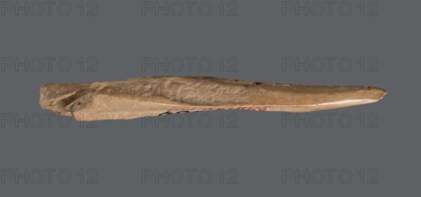 Awl, Awl made from a cut triangular, flat fragment of animal bone; the elongated, sharpened end is polished from use piercing fabrics or leather. Early Jazira III period / Early Dynastic III period, c. 2600–c. 2350 BC. Provenance: Tell Abu Hafur northeastern Syria, Al-Jazira region northern Mesopotamia, Khabur basin. Tool. Height 7.4 cm; width 2.5 cm; diameter of pointed working end 0.4–0.7 cm., A long, narrow carved object with a tapered pointed end and a rougher, thicker opposite end rests against a plain gray background; the object has a light tan to beige color with areas of darker brown texture and some smoother, slightly glossy surfaces, and there is a small amount of red and black visible along one edge.