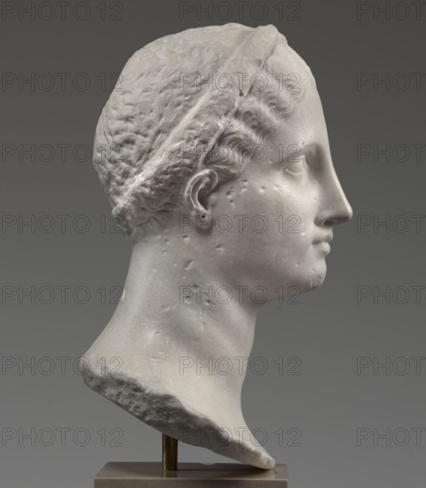 Head of a woman Berenice II or Arsinoe II, unknown author, restitution Przeworsk, Greek sculpture, female portrait, 330–30 BC; Hellenistic period, Alexandria, sculpture, The image shows a white stone sculpture of a head in profile against a gray background, depicting a person with short, wavy hair held by a band, a smooth forehead, a defined nose and lips, a visible ear, and a long neck mounted on a small stand; the stone surface has small pitted marks and areas of rough texture, and the overall colors visible are white, gray, and subtle beige tones.