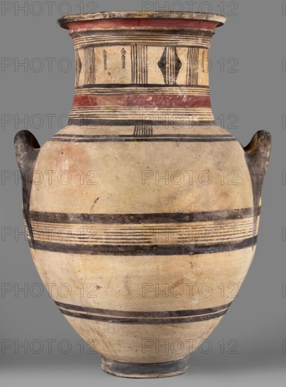 Amphora, Cyprus, geometric motifs, Cypriot pottery. Large amphora with two horizontal handles, rounded shoulders, and a neck narrowing in the middle, ending with a profiled rim. Decoration in red and black: on the neck formed by sets of lines, stripes, vertical lines, and triangles; on the belly formed by black lines and stripes. 850–750 BC. Vessel. Height 64.2 cm, width 42.4 cm., A large rounded ceramic vessel with a wide flared rim and two small looped handles on opposite sides; the body has a matte, aged beige base color with visible wear and faint patches of darker beige and pale reddish stains, decorated with several horizontal bands in black and a muted red band near the neck, and a patterned section of vertical and geometric black markings around the upper neck; the rim interior shows a darker reddish-brown hue, the handles and rim edges are darker brown to black, and the overall surface has a slightly rough, weathered texture against a neutral gray background.