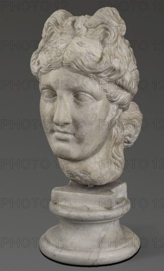 Head of the goddess Aphrodite, Greek sculpture, female portrait; hair tied in a bow at the front, in a bun at the back; 332–30 BC, Hellenistic period, Greece; sculpture; weight 9.74 kg, A carved stone head of a person mounted on a round pedestal, showing detailed wavy hair styled back into a bun, smooth facial features with closed or blank eyes, a straight nose, and a slightly downturned mouth; the sculpture displays weathered surface texture and subtle abrasions. The visible colors include shades of off-white, light gray, beige, and faint darker gray areas, set against a solid darker gray background.