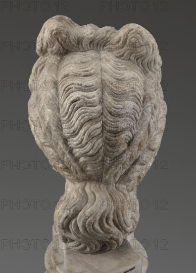 Head of the goddess Aphrodite, unknown creator; Greek sculpture, female portrait; hair tied in a bow at the front, in a bun at the back; 332–30 BC, Hellenistic period, Greece; sculpture; weight 9.74 kg, A carved stone sculpture photographed from behind showing a textured arrangement of wavy, stylized hair gathered and braided into a low bun; the stone displays a range of pale gray, off-white, beige, and subtle brown tones with darker gray shadows in the grooves; the background is a smooth dark gray.