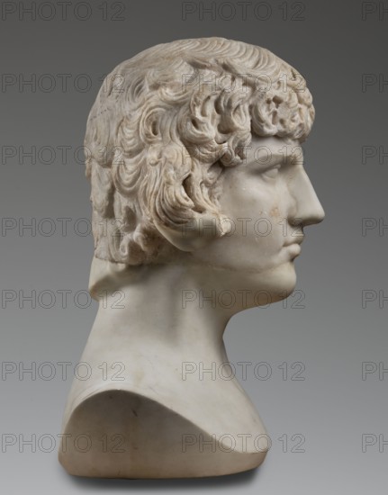 Portrait of Antinous, unknown Roman workshop, male portrait bust, Roman sculpture, 130–138 CE, Roman Empire 27 BC–476, marble sculpture, weight 59.5 kg, height 54 cm, width 40 cm, depth 32 cm, A marble bust of a young person shown in profile facing right, with detailed carved curly hair and a smooth neck and shoulders; the sculpture displays pale off-white and creamy marble tones with subtle beige and light brown discolorations, set against a neutral gray background.