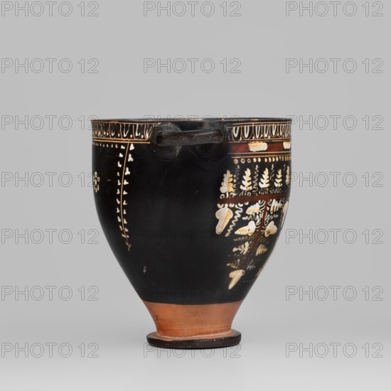 Gnathian skyphos with depiction of an altar;, Gnathia style, Southern Italic pottery; skyphos vessel, Southern Italy Gnathia; ca. 340–ca. 320 BC; altars iconography; weight 0.168 kg., A rounded ceramic vessel with a narrow foot and small flat base sits against a plain gray background; the body shows a glossy black surface with painted decorative motifs in cream, reddish-brown, and pale yellow, including vertical and horizontal bands, stylized leaf or floral shapes, and dotted accents; the rim area has a patterned band and small looped handles on opposite sides, and the lower portion transitions to an unglazed terracotta color; overall colors visible include black, cream, reddish-brown, pale yellow, terracotta, and gray.