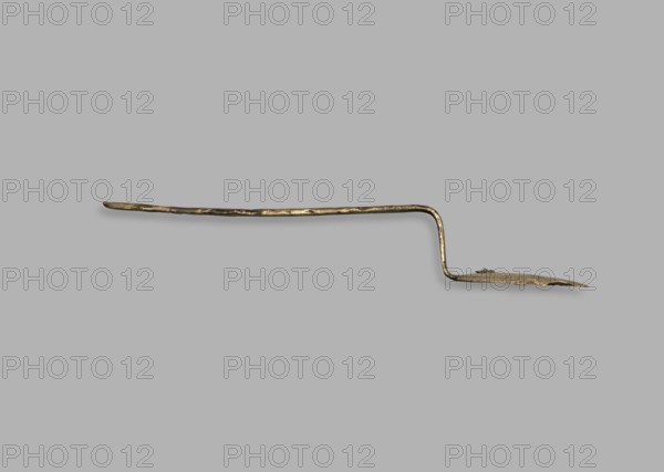 Medical tool fragment of strigilis?, tool, height 12.8 cm, possibly from Rome, Madeyski, Antoni 1862–1939 provenance., A thin metallic object with an irregular, slightly wavy shaft and a bent L-shaped section leading to a flat, tapered end, shown against a plain light gray background; the object appears in metallic gold and darker bronze tones with small areas of darker brown discoloration.