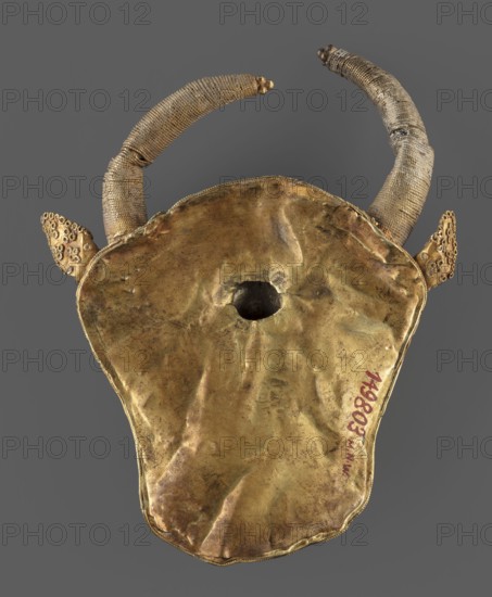 Protoma; bull's head relief mask in gold, made using repoussé with granulation and filigree. Central part with nostrils features granulation and filigree; cheeks and top of head feature filigree only. Eyes, nostrils, and muzzle are repoussé and bordered with filigree. Small ears and horns are plastically modeled horns soldered on. Reverse closed with an undecorated gold sheet with an irregular hole in about 2/3 of its height from removal of a fastening element. Materials/technique: goldsmithing. Culture/style: Elamite Iranian art. Date: ca. 1450–ca. 1100 BC, Middle Elamite period, — alternate datings include Achaemenid period 600–539 BC and arguments for second half of the 2nd millennium BC. Place of origin: Elam/Iran . Function: protoma decorative/attachment. Dimensions: height 9.5 cm, width 7.8 cm, depth 2.5 cm; weight 48 g., An object with a large irregularly shaped metallic surface that appears crumpled and worn, showing a tarnished golden color with areas of darker brown and subtl...