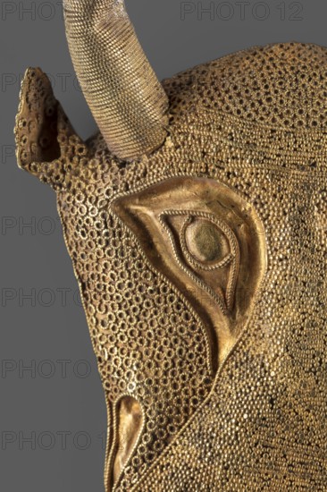 Protoma; bull's head relief mask made in gold using repoussé, granulation, and filigree; eyes, nostrils, and muzzle repoussé and bordered with filigree; cheeks and top of head decorated with filigree; small ears and plastically modeled horns horns soldered on; reverse closed with an undecorated gold sheet with an irregular hole from removal of a fastening element. Materials: gold; technique: goldsmithing. Subject: bull head. Style/attribution: Elamite/Iranian art. Date: ca. 1450–ca. 1100 BC Middle Elamite period? — alternative datings proposed to the Achaemenid period 600–539 BC and to the second half of the 2nd millennium BC. Place of origin: Elam Iran. Dimensions: height 9.5 cm, width 7.8 cm, depth 2.5 cm; weight 48 g. Maker: unknown., A close-up view of a textured metallic object with a golden appearance against a neutral gray background, showing a portion that resembles an eye-shaped raised form surrounded by intricate circular and beaded patterns, a raised tubular element with fin...
