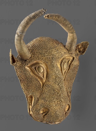 Protoma; bull's head relief mask made in gold using repoussé, granulation, and filigree; eyes, nostrils, and muzzle repoussé and bordered with filigree; small ears and plastically modeled horns horns soldered on; reverse closed with an undecorated gold sheet with an irregular hole from removal of an attachment; ca. 1450–ca. 1100 BC Middle Elamite period? — alternative dating to Achaemenid period 600–539 BC debated; argument for second half of 2nd millennium BC; Elam, Iran; goldsmithing; Iranian/Elamite art; height 9.5 cm, width 7.8 cm, depth 2.5 cm, weight 48 g., A gold-colored sculpted animal head with a textured surface sits against a gray background; the piece has two curved horns wrapped in coiled material, a pair of pointed ears with circular indentations, prominent eye shapes with raised rims, a long snout covered in dense pebbled texture, and smoother rounded nostril forms near the tip, with the overall colors being gold tones and gray.