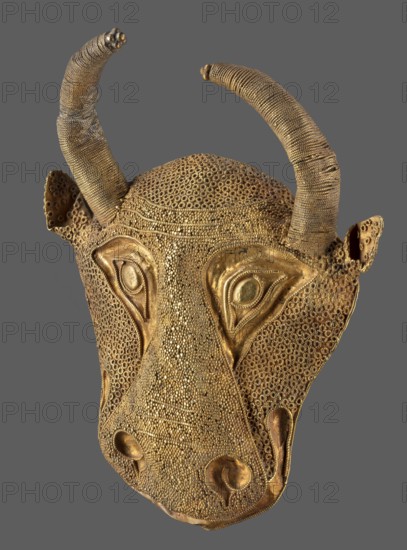 Protoma; bull's head relief mask made in gold using repoussé, filigree, and granulation. Central nostril area features granulation and filigree; cheeks and top of head use filigree. Eyes, nostrils, and muzzle are repoussé and bordered with filigree. Small ears and horns are plastically modeled horns soldered on. Reverse closed with an undecorated gold sheet with an irregular hole in two-thirds of its height from removal of a fastening element. Ca. 1450–1100 BC Middle Elamite period, — alternative dating to Achaemenid period 600–539 BC has been proposed; arguments also presented for second half of 2nd millennium BC. Elam, Iran. Decoration. Height 9.5 cm; width 7.8 cm; depth 2.5 cm; weight 48 g., A gold-colored decorative mask shaped like an animal head with two curved horns, a textured surface made of many small circular elements, prominent eye areas with raised almond-shaped surrounds, a long tapered snout with rounded nostril shapes, and small ear-like projections on either side, show...