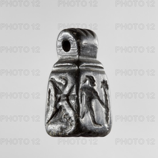 Stamp seal with figural representations. Glyptic stamp seal in the form of a truncated pyramid on a square base, terminated with a round handle. The four side walls and the base are decorated with engraved, stylized figurative representations: two opposite sides depict a rider on a horse; one of the other sides depicts a striding figure holding a staff topped with a star; the opposite wall depicts an animal being attacked by a bird of prey. A winged animal is engraved on the seal's base. Iron Age, 9th–6th century BC; Northwestern Syria Near East. Materials/technique: seal glyptics. Dimensions: height 2.8 cm, width 1.3 cm, depth 1.4 cm; impression carrier dimensions: length 8.5 cm, width 4.4 cm., A small dark gray polished object with a rounded top that has a single circular hole, narrowing slightly toward the top and widening at the base, showing a carved low-relief scene on its front face of two stylized humanlike figures facing each other with elongated limbs and angular poses; the s...