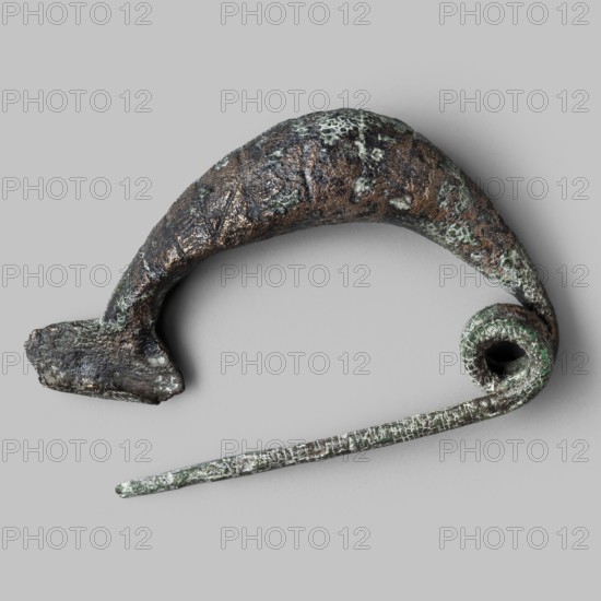 Leech fibula with a short stem, Bronze fibula with an arched thickening and a full bow. Short clasp foot made of an oval plate which, when bent, forms a hook for a short pin. The bow is decorated with a series of transverse parallel engraved lines forming stripes alternately smooth and diagonally hatched with engraved lines. 8th–7th century BC 2nd half of the 8th–early 7th century BC, Etruria, fibula, height 4.4 cm., An irregular curved metal object with a rough textured surface showing mottled dark brown, green, and gray patina, forming an arched body that tapers to a flattened end on one side and coils into a tight spiral with a hollow center on the other, accompanied by a long thin rod extending from the coil, all set against a light gray background.