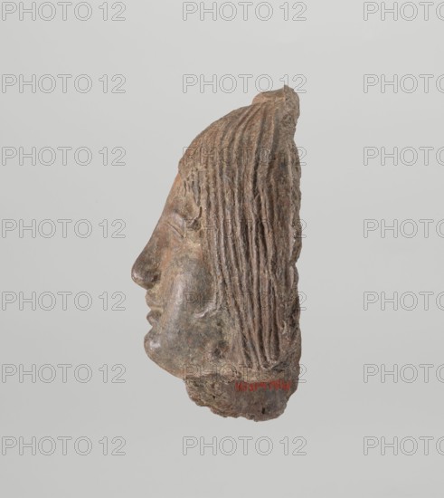 Female votive head, Female head with long, straight hair falling to the shoulders. Neck partially preserved. Elongated face with a receding forehead characterized by wide-open eyes set shallowly under prominent eyebrow arches. Mouth slightly open with fleshy lips, chin protruding forward, and full cheeks. 2nd century BC, Etruria, votive. Height 20 cm, width 12 cm, depth 8.5 cm, weight 0.94 kg., A carved stone fragment showing a profile of a human face viewed from the side with closed eye, a prominent nose, and full lips, attached to a larger irregular base; long textured hair with vertical grooves falls down the back of the head. The object displays a range of browns and grayish-browns with some darker and lighter mottling, and the background is a pale gray.