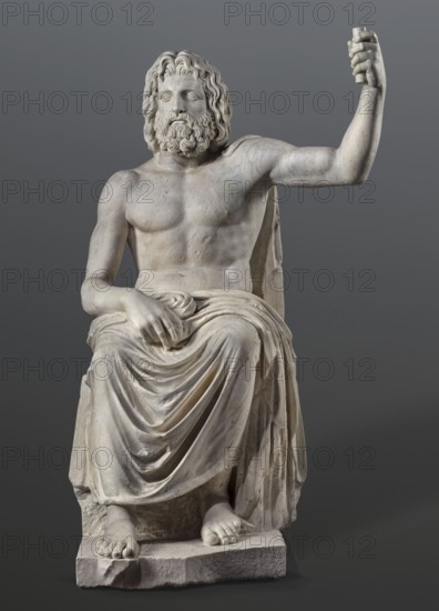 Statue of Jupiter of the Capitoline type, unknown Roman workshop. Jupiter Zeus seated on a throne set on a rectangular base. Zeus sits stiffly with his torso slightly back. His raised left hand holds a scepter; his right hand rests casually on his right knee. The right foot is slightly forward. The legs are covered with a himation, which also covers the back and left shoulder. The muscular torso, strongly developed at the shoulders, has naturalistic modeling. The head is disproportionately large, and the face is perfect with a slightly open mouth. The hair is parted from the center anastole. The beard is thick, arranged in strands on the sides and in curls on the chin. Roman sculpture, Roman copy after a Hellenistic variant of Phidias's statue of Zeus the Olympian. Late 2nd–3rd century AD, Roman Empire. Sculpture; weight 930 kg., A marble statue of a seated bearded man with wavy hair, shown from head to feet, positioned against a plain gray background; the figure has a bare torso with ...