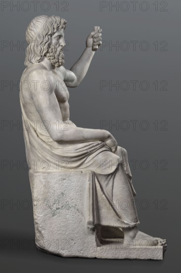 Statue of Jupiter of the Capitoline type, unknown Roman workshop, Jupiter mythology, Zeus mythology, Roman sculpture, Roman copy after a Hellenistic variant of Phidias's statue of Zeus the Olympian. Zeus seated on a throne set on a rectangular base. Zeus sits stiffly with his torso slightly back. His raised left hand holds a scepter. His right hand rests casually on his right knee. The right foot is slightly forward. The legs are covered with a himation, which also covers the back and left shoulder. The muscular torso, strongly developed at the shoulders, has naturalistic modeling. The head is disproportionately large, and the face is perfect with a slightly open mouth. The hair on the head is parted from the center anastole. The beard is thick, arranged in strands on the sides and in curls on the chin. Late 2nd–3rd century, Roman Empire 27 BC–476 AD, sculpture, weight 930 kg., A seated marble statue of a bearded man shown in profile, with wavy hair and a textured headband, his upper b...