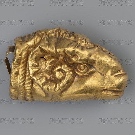 Pendant in the shape of a ram's head, Goluchów Greater Poland Voivodeship, rams, horns, goldsmithery, 5th century BC previously dated late 5th century BC, Etruria, jewelry, weight 26 g, A sculpted gold object shaped like a ram's head viewed in profile with a curled horn, a detailed eye, and textured fur; the surface shows smooth and crumpled areas with small dents and creases, and there is a loop-like projection at the rear. The visible colors are gold and gray.
