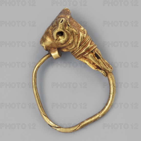 Earring decorated with a bull's head; bucranium ornament; pendant goldsmithery; 3rd century BC, Greece; jewelry. Height 1.5 cm, width 1.1 cm, depth 0.4 cm, weight 1 g., A gold ring with a sculpted animal head at the top, showing a rounded snout, carved eye socket, and textured ridges around the neck; the band is thin, irregular, and slightly twisted, with visible dents and worn areas. The visible colors are gold and gray.