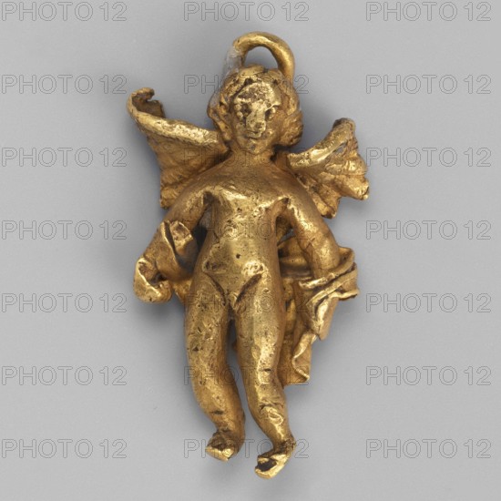 Eros-shaped pendant, pendant in the shape of a standing Cupid with simplified hands; facial features blurred. Goldsmithery jewelry, necklace ornament. 1st half of the 3rd century BC. Black Sea region place of origin. Height 2 cm, width 1.1 cm, depth 0.4 cm, weight 4 g., A small gold-colored metal figure of a winged childlike person is shown against a light gray background; the figure faces forward with a rounded head and indistinct facial features, short curly hair, outstretched arms holding a draped cloth, and a pair of textured wings extending from the shoulders, with a small loop above the head suggesting a hanger, and the surface shows irregularities and worn areas in the gold tone.