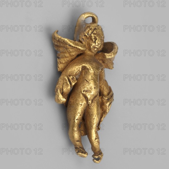 Eros-shaped pendant, Pendant in the shape of a standing Cupid Eros with simplified hands and blurred facial features; goldsmithery jewelry, necklace ornament; classified Gallic scenography; Black Sea region, 1st half of the 3rd century BC; materials: gold; dimensions: height 2 cm, width 1.1 cm, depth 0.4 cm; weight 4 g., A small metallic figure of a winged childlike form in a gold tone suspended against a light gray background, showing a loop at the top for hanging, textured wings extending from the back, a rounded head with simplified facial features, a torso and limbs with sculpted folds and worn surfaces, draped cloth-like elements around the arms and hips, and visible surface irregularities and patina in shades of gold with small darker spots.