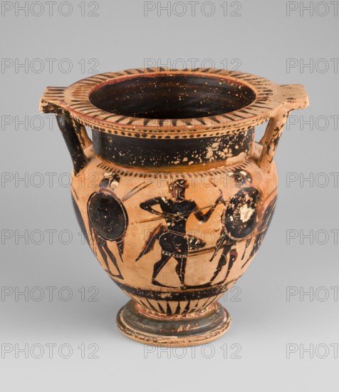 Column krater with lid, unknown Attic workshop. Black-figure krater with lid. Red clay, tinted with ochre. Black varnish with a muted lustre, fading to brown in places. The rim of the vessel is decorated with a radial ornament and a schematic ivy sprig. On the shoulders are a series of vertical lines. The belly is decorated with figural scenes. On side A, Dionysus with a cornucopia accompanied by a satyr and a maenad. On side B, an archer shown between two helmeted hoplites with round shields. A lid with a pomegranate-shaped handle, decorated with an ivy sprig placed on the rim. 520–510 BC, Attica. Vessel, column krater. Weight 1.382 kg; diameter 19.2 cm 22.5 cm with vices; height 21.4 cm 22.6 cm with vices., An ancient ceramic vessel with a rounded body, a flared rim, and two horizontal handles, shown against a neutral gray background. The vessel's surface displays a warm terracotta base color with areas of black painted decoration; the interior and rim area are predominantly black wi...