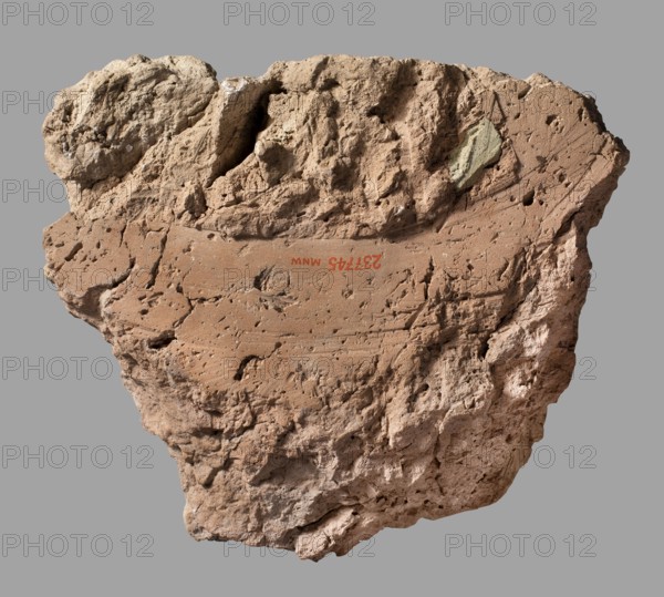 Brick fragment with Gudea's foundation inscription, Gudea ca. 2150 BC, architectural element with cuneiform writing, Gudea ca. 2141–2122 BC, Near Eastern architecture, Eastern Gallic scene, ca. 2150 BC 2nd Dynasty of Lagash, Tello, Girsu Sumer, Tello, Iraq, foundation inscription, weight 1.35 kg, A rough, irregularly shaped rock fragment with a textured, pitted surface dominates the image; it shows layered and fractured areas with jagged edges and small cavities. The rock displays tones of brown, tan, beige, and light cream, with a small patch of pale greenish color embedded near one edge. The background is a uniform gray.