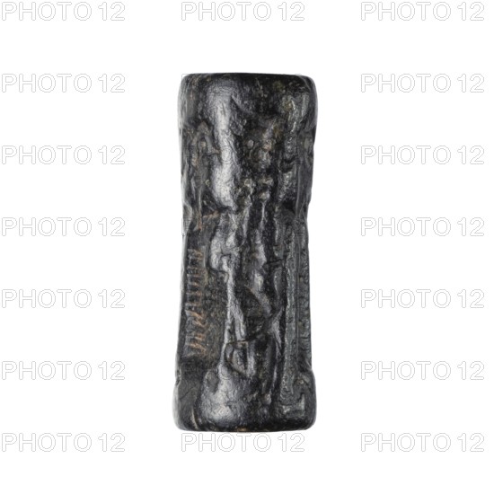 Cylinder seal with a mythological scene, unknown Cypriot workshop; mythological scene depicting two human figures dressed in long, crosswise pleated robes, standing opposite a winged lion standing on its back. The first figure holds the lion's lowered left front paw with its outstretched right hand; its left hand is lowered. The second figure, standing behind the first, holds a four-legged animal hanging upside down by its hind legs in its right hand; its left hand is lowered and extended towards the lion's hind legs. The animal is squeezed into a narrow space between the standing figures. Fantasy creatures; winged lions; Eastern Gallic scene. 14th century BC, Late Bronze Age previously dated 15th–14th century BC. Near East; Cyprus. Seal. Height 2.55 cm, width 1 cm., A single cylindrical object with an uneven, textured surface shown against a plain white background; the object appears dark with black and very dark brown tones, and shows some subtle lighter brown and greyish highlights ...
