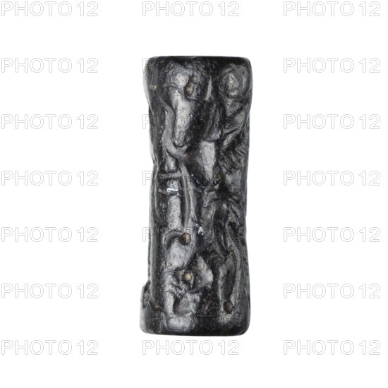 Cylinder seal with a mythological scene, unknown Cypriot workshop; mythological scene depicting two human figures dressed in long, crosswise pleated robes, standing opposite a winged lion standing on its back. The first figure holds the lion's lowered left front paw with its outstretched right hand; its left hand is lowered. The second figure, standing behind the first, holds a four-legged animal hanging upside down by its hind legs in its right hand; its left hand is lowered and extended towards the lion's hind legs. The animal is squeezed into a narrow space between the standing figures. Fantasy creatures; winged lions; Eastern Gallic scene. 14th century BC, Late Bronze Period previously dated 15th–14th century BC. Cyprus Near East. Seal. Height 2.55 cm; width 1 cm., A single vertically oriented cylindrical object with an uneven, textured surface that appears carved or molded, shown against a white background; the object is dark in color with shades of black and very dark brown, and ...