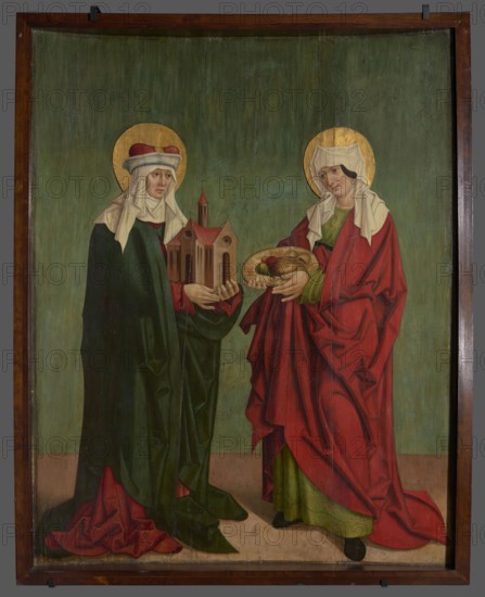 Polyptych wing quarter - obverse: Lamentation; reverse: St. Jadwiga, St. Elizabeth; Master of the Passion from Góra Slaska painter, revindication provenience, Jadwiga of Silesia St.; 1174–1243, Elizabeth St., Lamentation of Christ iconography, St. Adalbert's Church Wroclaw, medieval art Lamentation Under the cross, at the bottom left lies Christ, his head rests on the lap of St. John; at the back a group of bearded men. On the right side, six women — in front a kneeling St. Mary in a dark green cloak. REVERSE St. Jadwiga and St. Elizabeth The figures are placed similarly to the other preserved reverses. The colors of the robes are red and green, the headgear is white. 1512–1513, Wroclaw St. Adalbert's Church, painting; height 190.0 cm, width 150.5 cm, depth 11.5 cm, A painted panel shows two standing women wearing long draped robes and head coverings, each with a circular halo behind her head. The woman on the left wears a dark green outer robe with red fabric visible at the hem and a ...