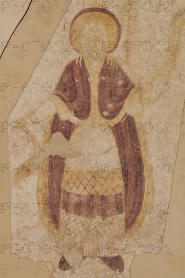 Wall painting: High Priest Aaron, Nubian workshop; wall painting; censer iconographic; liturgical vestments; Faras Sudan; Old Testament high priest iconographic. Arms spread to the sides; in his right hand the priest holds a censer in the shape of a hemispherical cup on a foot suspended on three long chains; in his left hand a leafy branch and a box . A yellow nimbus outlined with a red line around the figure's head. The face is heavily blurred, features invisible. The ankle-length white tunic is decorated with a diagonal red check pattern at thigh level, followed by a light purple stripe with vertical dark purple stripes, a diagonal checkered belt, and then another vertical stripe pattern. The high priest's shoulders are covered by a light purple mantle with darker purple vertical stripes, fastened at the chest with an oval clasp. On his feet the figure wears dark purple slippers. Original plaster: 224 x 147 cm; wall painting dimensions: height 253 cm, width 184 cm, depth 9 cm; 1st qu...