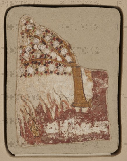 Wall painting. Tree and human figure in flames, Nubian workshop, wall paintings, tree iconographic. Yellow trunk, branches covered with dark green, brown, and red leaves and white round fruit. On one of the branches hangs a yellow vessel decorated with red stripes fragmentarily preserved. Under the tree are visible red flames, from which a yellow human head emerges. The painting was located immediately adjacent to the depiction of the anchorite Melas, painted on the left side of a composition showing Bishop Marianos with Christ and Hodegetria. Its fragmentary state of preservation does not allow for the unambiguous determination whether it belongs to a composition depicting the anchorite. ca. 1005–1036, Faras, wall painting. Dimensions: height 53 cm, width 40.3 cm, depth 3.1–3.5 cm; original plaster 47 x 35 cm., A fragment of a painted surface shows a stylized tree with a brown trunk and branches topped by a canopy dotted with pale circular shapes and small spots in red, dark brown, an...